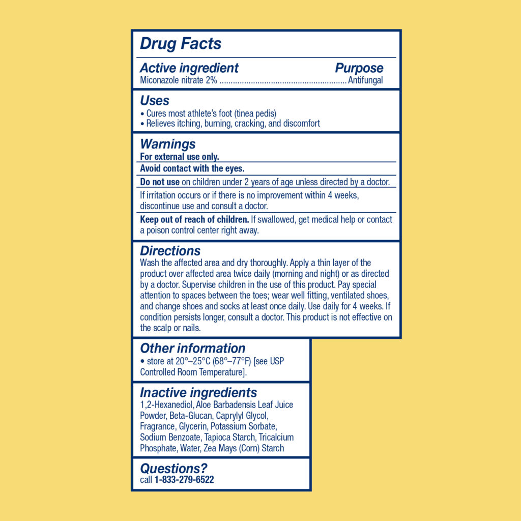 A close-up image of the newly formulated Desenex Athlete's Foot Powder Drug Facts.